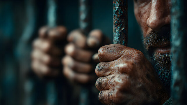 A man in prison is holding the bars with desperation and despair in his eyes 