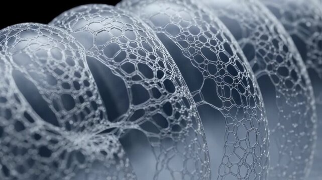 Closeup on the microstructure of a soft pneumatic actuators elastomer material under cyclic inflation revealing engineering advances in soft robotics.