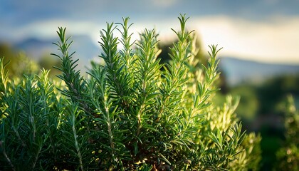 a lush green rosemary bush growing in nature the aromatic evergreen herb is captured in natural light