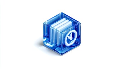 A translucent, light-blue cube, seemingly holding three stacked, light-gray documents. A white clock icon is on the cube's face