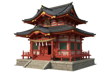 Isolated traditional Japanese temple building architecture with tiered roof and ornate details