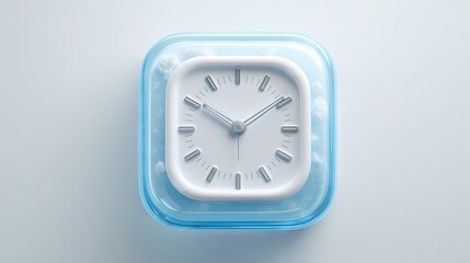 A square, light-blue, glass-like clock with white clouds