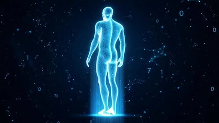 A glowing blue digital human silhouette stands in the center of a dark, futuristic space filled with abstract geometric shapes, constellations, and floating binary code - Powered by Adobe