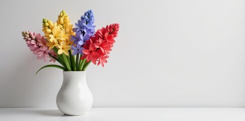 Fototapeta premium Colorful hyacinth flowers in white ceramic vase, flowers, purple, pot