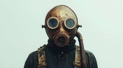A gritty, cinematic depiction of a vintage deep-sea diver costume, isolated on a white background for creative projects.