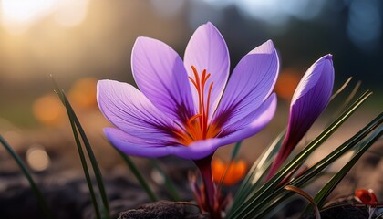 Fototapeta premium minimalist depiction of a radiant saffron flower in a serene botanical setting