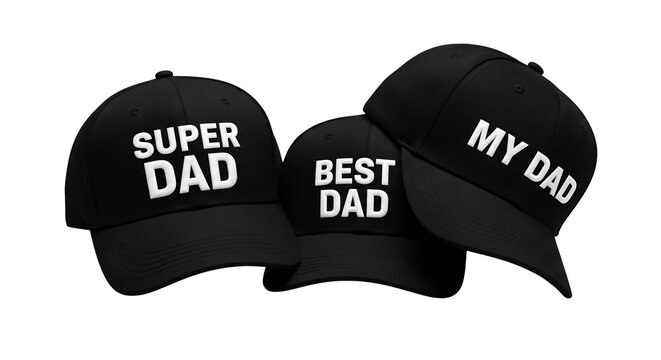 Black baseball caps with 'SUPER DAD', 'BEST DAD', 'MY DAD' text. Ideal for Father's Day, birthday gifts, family appreciation, merchandise, greeting cards, and social media campaigns,