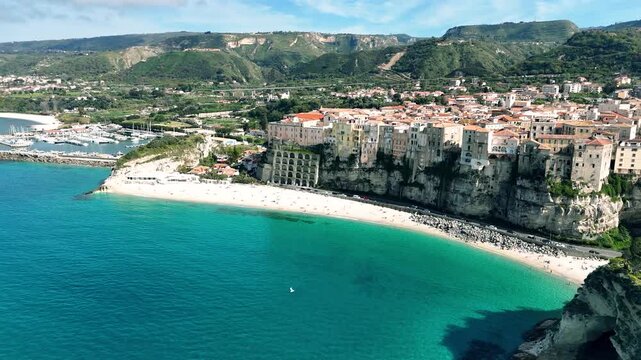 Aerial view of Tropea panning out to sea