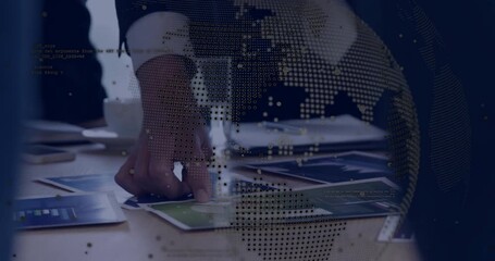 Suited professional entering conference room, placing chart, colleague pointing, reviewing pie data - Powered by Adobe