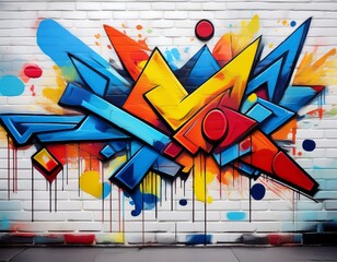 urban graffiti art piece featuring blue yellow and red shapes on a white brick wall in a vibrant street style