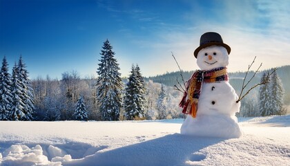 Fototapeta premium cheerful snowman with a hat and scarf enjoys the winter season in a snowy landscape