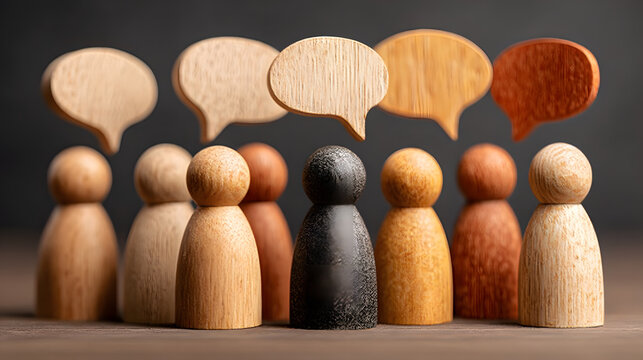Diverse group of wooden figures with speech bubbles symbolizing communication 