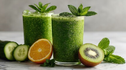 Fototapeta premium Two vibrant green smoothies, garnished with fresh mint