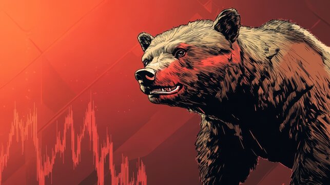 A menacing brown bear against a backdrop of falling stock market charts, symbolizing a bearish market trend.