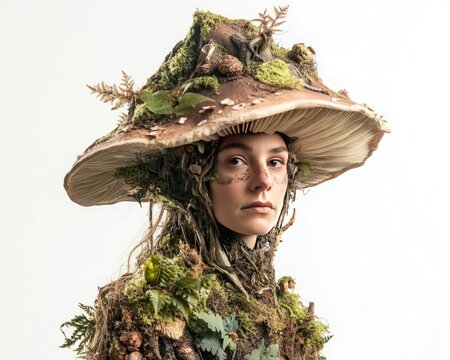 A person in a high-detail mushroom fairy costume with a cap-shaped hat, isolated on a white background.