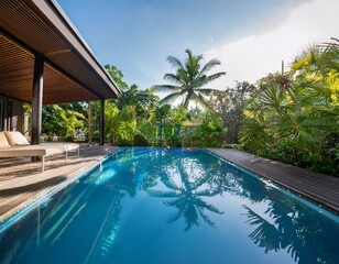 Obraz premium luxurious pool surrounded by tropical greenery in a modern tropical villa during a sunny afternoon
