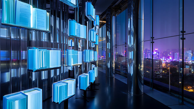 Illuminated blue books displayed in modern interior with city skyline at night library