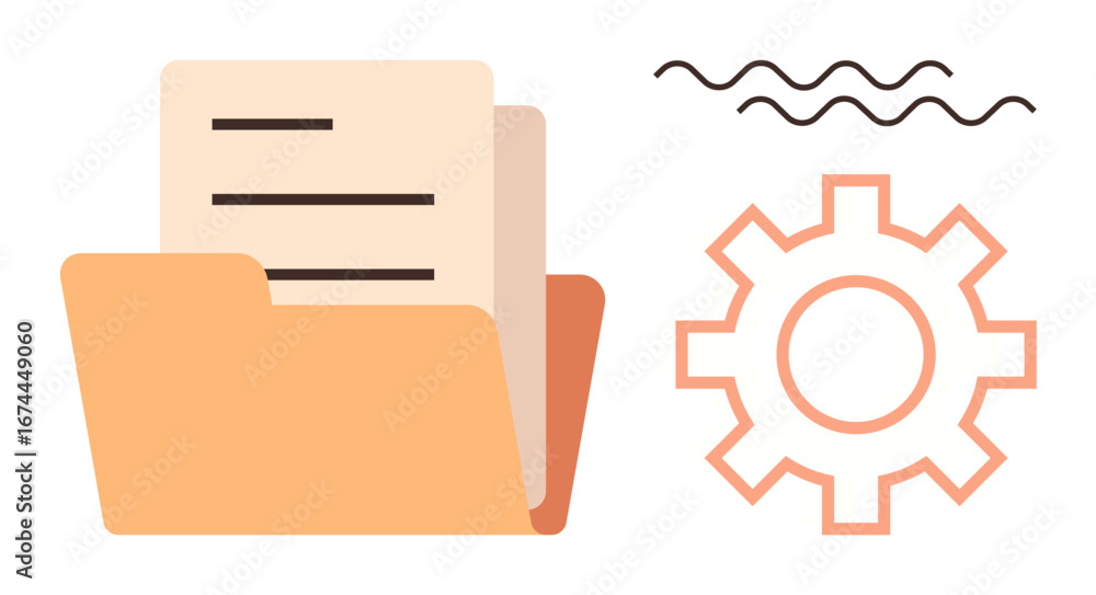Poster folder with papers, gear, and wavy lines emphasizing digital organization, settings, workflow design