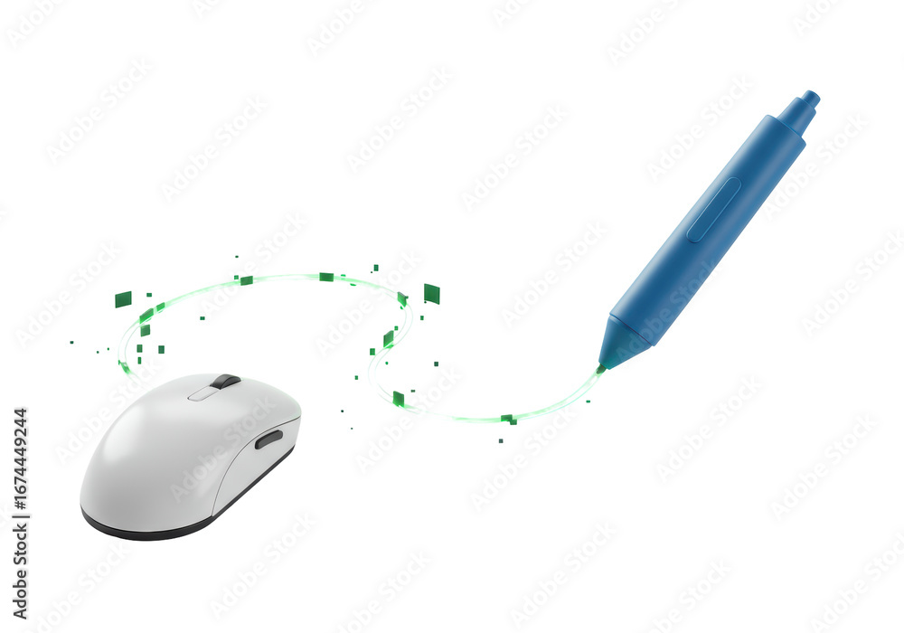 Poster isolated computer mouse and graphics tablet pen create a digital flow design illustration