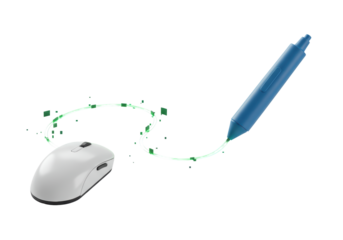 Isolated computer mouse and graphics tablet pen create a digital flow design illustration