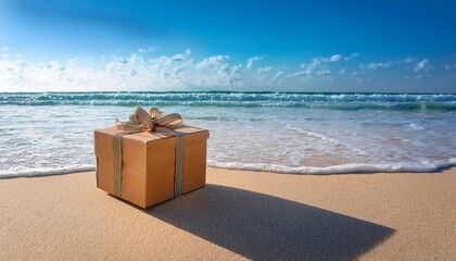 a beautiful image of a gift box sitting on a pristine beach surrounded by ocean waves symbolizing gift giving joy and the serene calm of nature s beauty on a sunny day