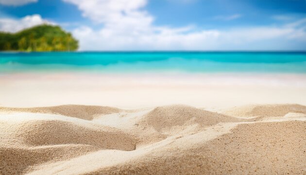 smooth sandy beach surface in sharp focus tropical seaside landscape blurred in background