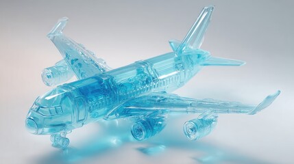 Translucent, light-blue airplane model, intricate detail, 3D render