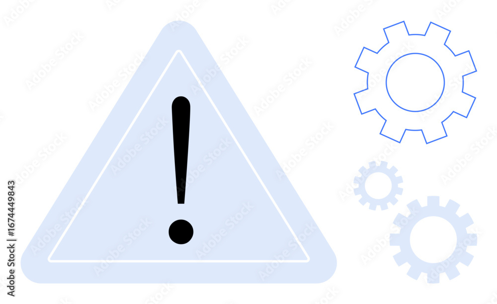Poster exclamation mark inside a triangle with gears. ideal for caution, error, warning, system issue, trou