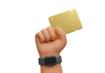 Isolated hand holding a golden credit card in a fist wearing a smart watch on wrist