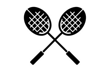 A white background highlights the black and blue badminton racket with a shuttlecock ready for a game