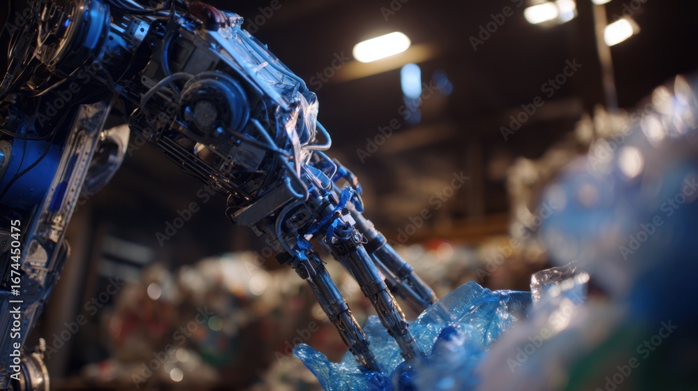 Poster dynamic medium shot of a wastesorting robot handling blue plastic wrap quickly the intricate mechani