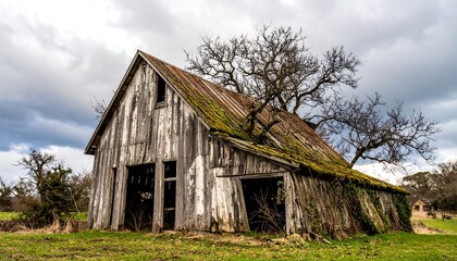 Obraz premium Weathered wooden barn under a cloudy sky