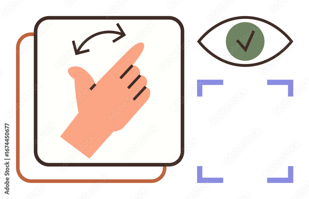 Poster hand swiping motion with arrow overlay, eye with checkmark, square brackets symbolizing focus. ideal