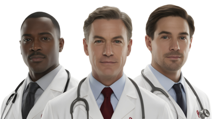 Three male doctors in white coats with stethoscopes posing isolated on white transparent background png jpg business people clipping path cutout 2025 2026 4k full hd poster banner label download