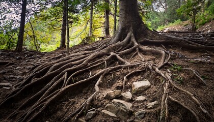 Fototapeta premium forest degradation tree roots spreading in soil with rocks and debris