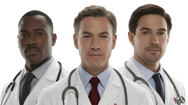 Three male doctors in white coats with stethoscopes posing isolated on white transparent background png jpg business people clipping path cutout 2025 2026 4k full hd poster banner label download