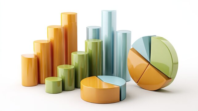 Colorful 3D bar and pie charts on white background