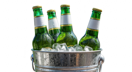 Four green beer bottles in a metal bucket with ice isolated on transparent background