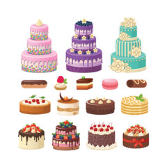 Colorful Cake and Dessert Vector Set with Wedding and Birthday Pastries