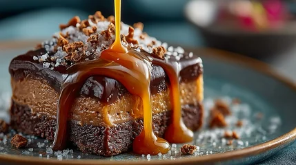 Poster Restaurant Close up of caramel drizzling over chocolate dessert with smooth texture and golden hue creating mouth-watering close up food  for gourmet branding  © Asimabbas