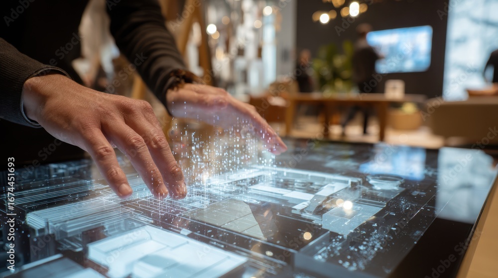 Aufkleber close medium shot of hands manipulating a virtual 3d model of a living space on a touchscreen table 