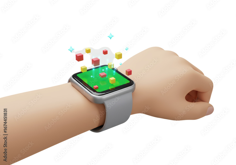 Poster isolated hand wears a smart watch showing augmented reality with colorful cubes around it