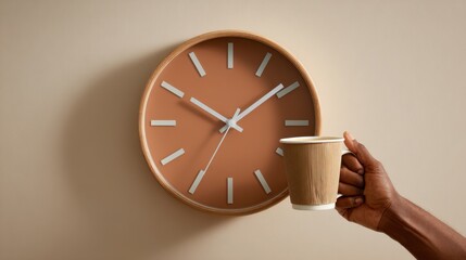 Medium shot featuring an employee holding a coffee cup and checking a wall clock capturing moments of short breaks to maintain productivity during tight schedules.