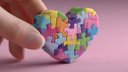 A hand holding a colorful heart puzzle against a pink background
