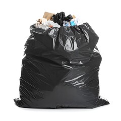Full black plastic garbage bag filled with various waste