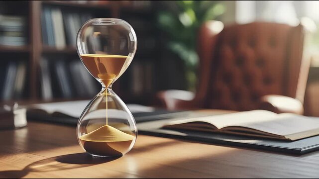 Timeless Hourglass on a Desk: A close-up shot captures the elegance of an hourglass on a wooden desk, with sand cascading through the glass, next to a leather-bound notebook, in an office setting.