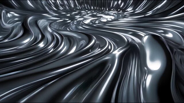 Dynamic Metallique: A seamless, swirling wave of liquid metal reflects light, creating an abstract visual journey through its reflective surface.