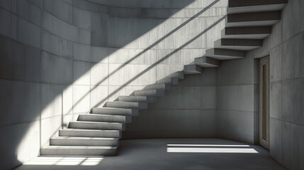 Obraz premium A modern concrete staircase with sunlight casting soft shadows, creating a minimalist play of geometry, light, and architectural elegance.