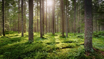 Obraz premium enchanting scandinavian forest scene with towering evergreens and lush green moss carpeting the forest floor soft diffused light creates a mystical atmosphere
