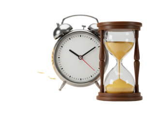 Isolated classic alarm clock with hourglass showing time running out, time is money concept